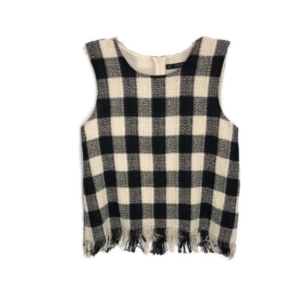 ZARA‎ FRINGE TRIM CHECKERBOARD TANK S